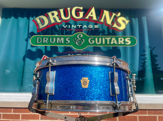 Early 1960s Ludwig Pre-Serial 5x14 No. 491 Pioneer Snare Drum Blue Sparkle Brass Hoops