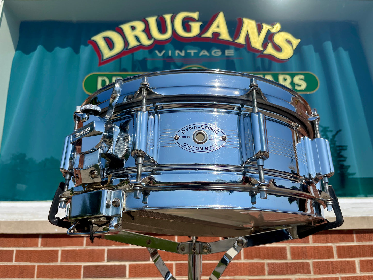 Early 1960s Rogers 5x14 Dynasonic 7-Line Snare Drum Chrome Over Brass Dyna-Sonic COB