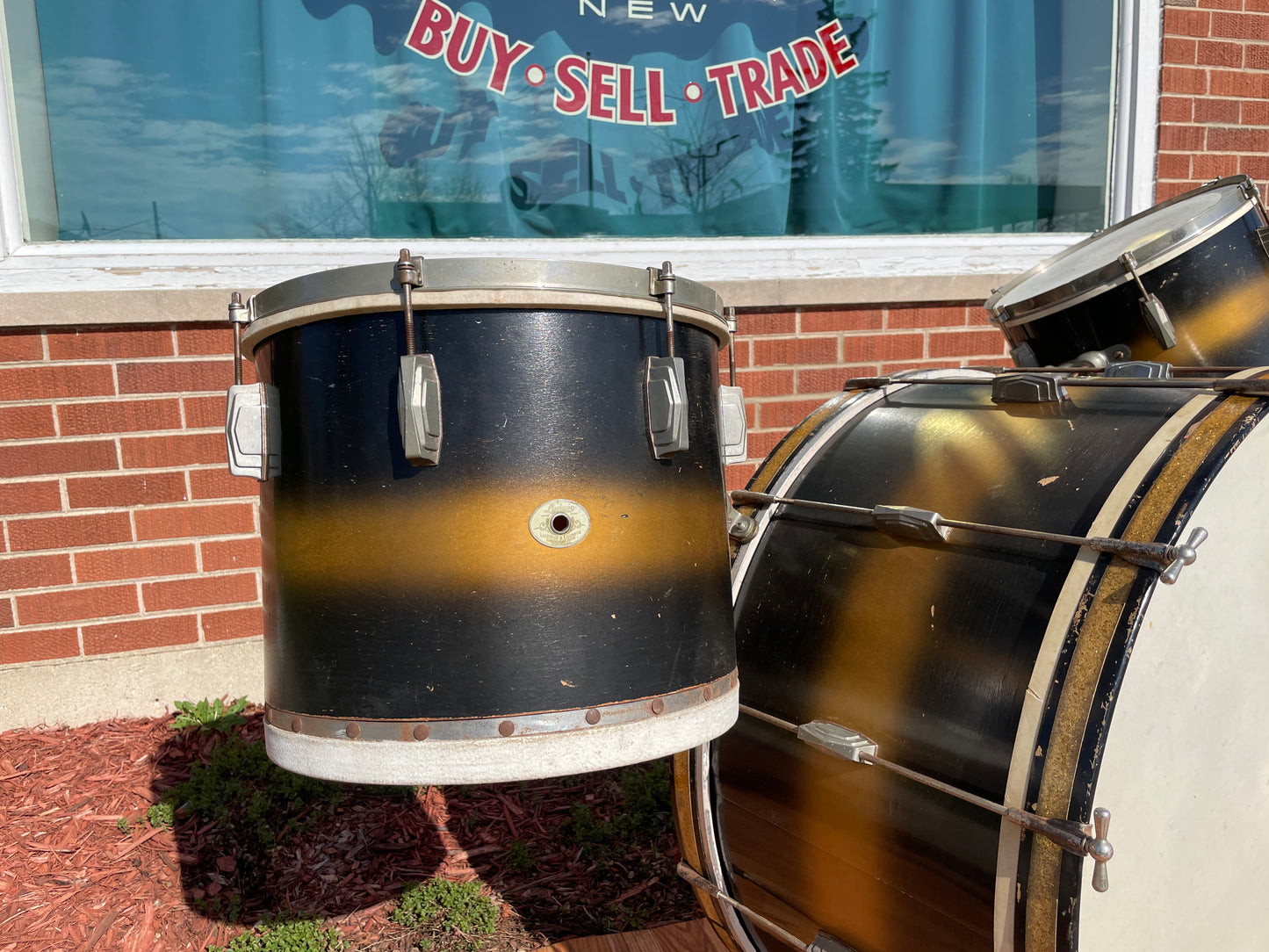 1940s Ludwig Drum Set Black / Gold Duco w/ White & Silver Enamel Badge
