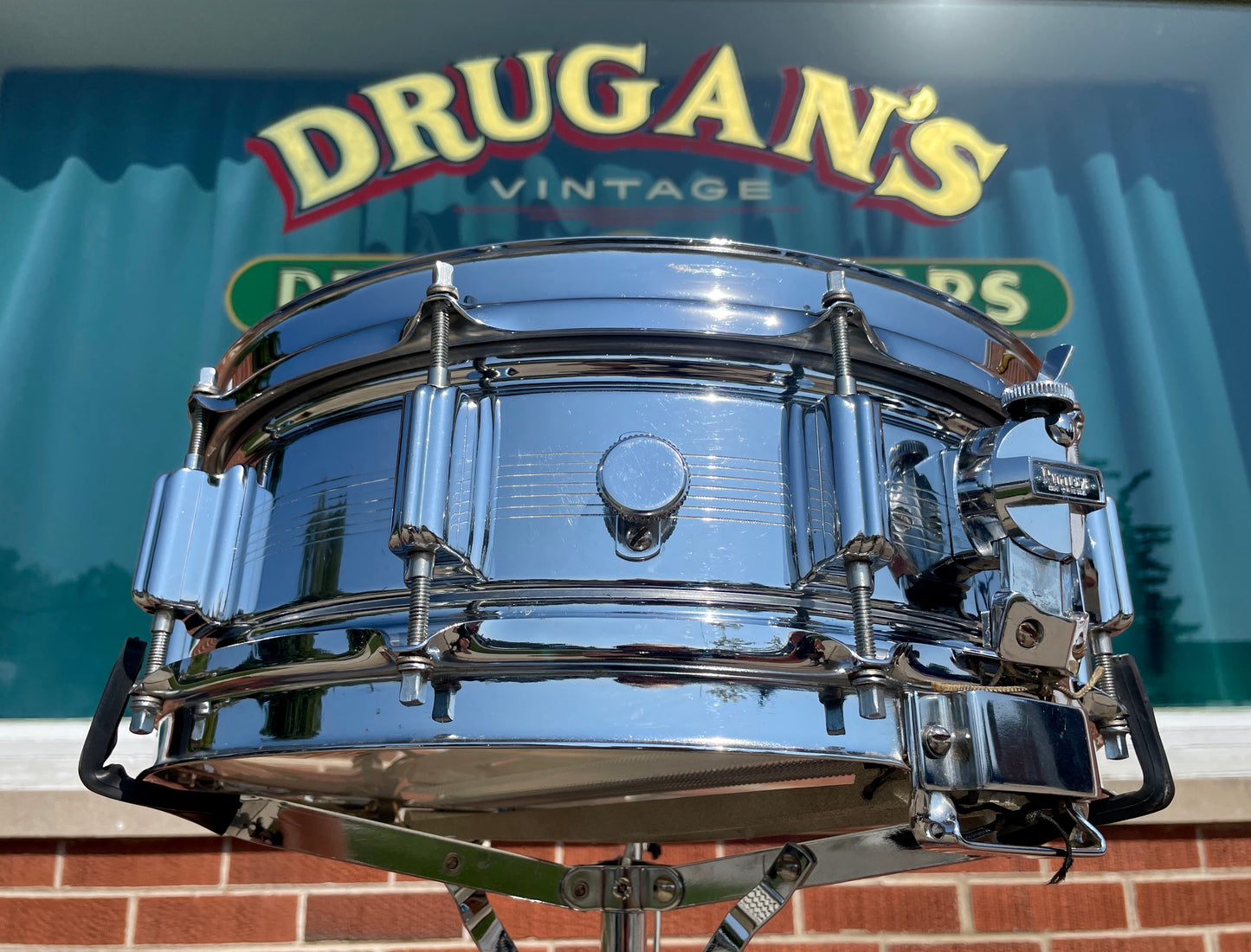 Early 1960s Rogers 5x14 Dynasonic 7-Line Snare Drum Chrome Over Brass Dyna-Sonic COB