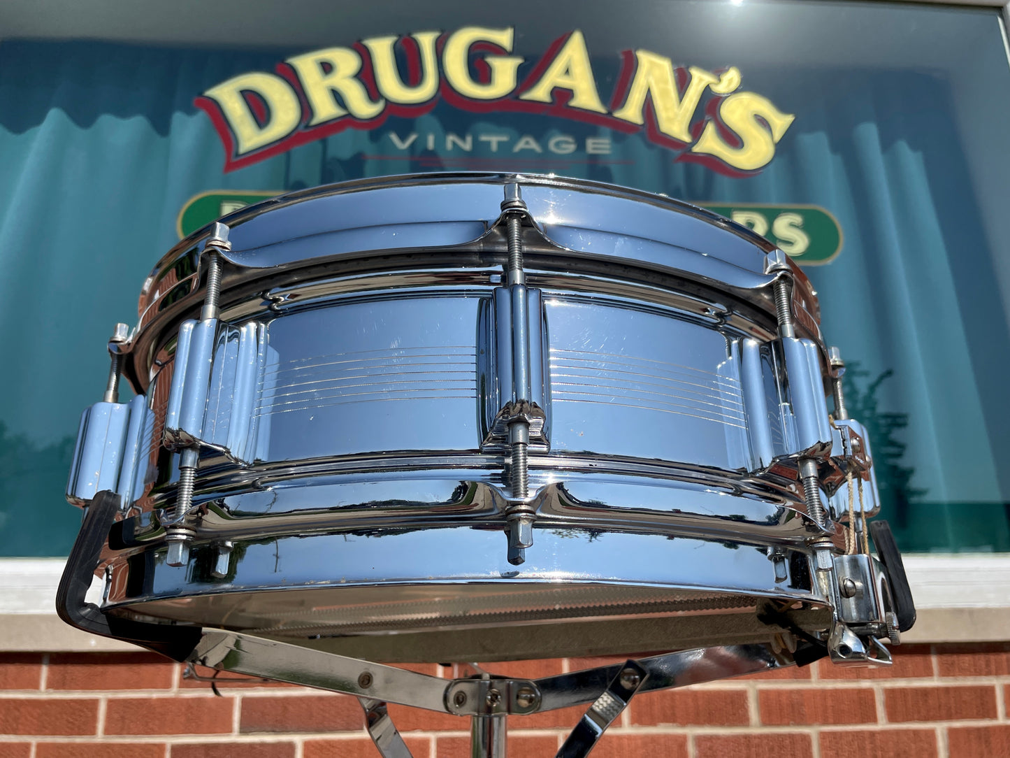 Early 1960s Rogers 5x14 Dynasonic 7-Line Snare Drum Chrome Over Brass Dyna-Sonic COB