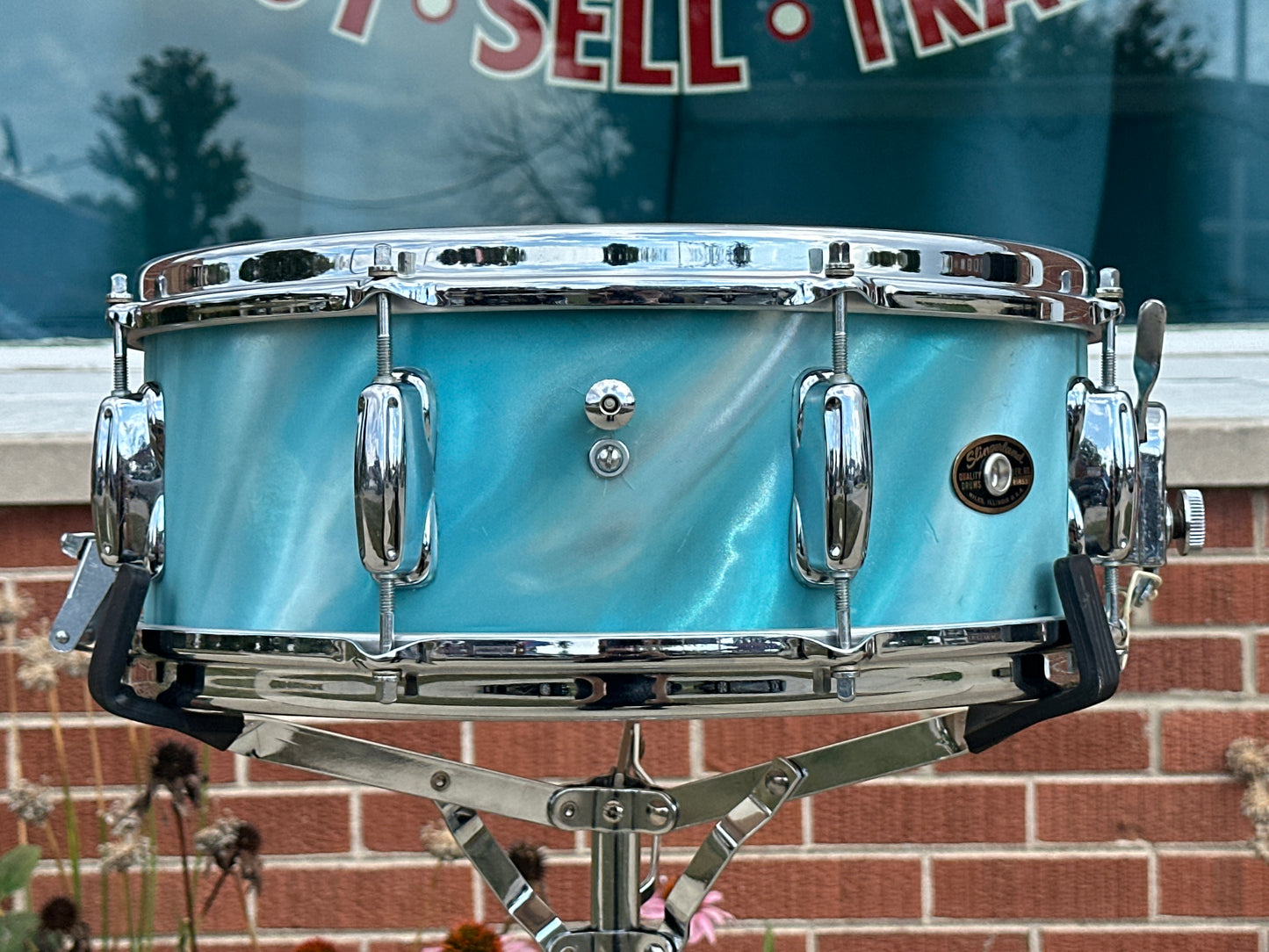 1960s Slingerland 5.5x14 Artist Model 3-Ply Snare Drum Aqua Green Satin Flame 8 Lug