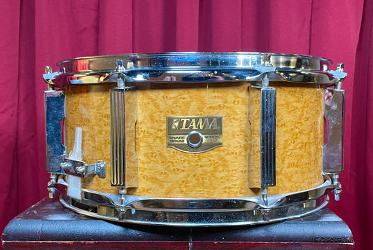 1990s Tama Artwood 6x13 Snare Drum Amber Gravure Wrap 7-Ply Birch Shell