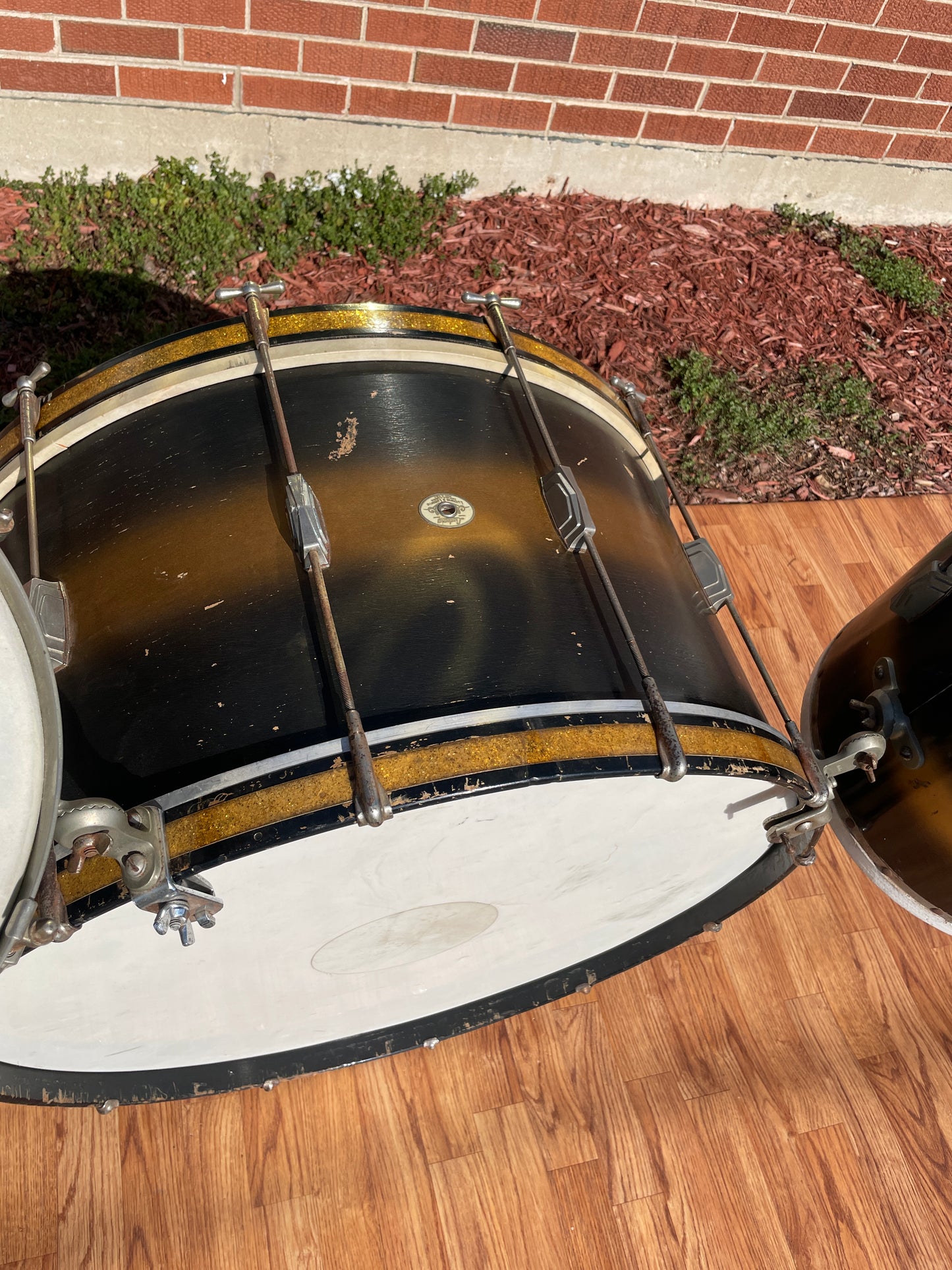 1940s Ludwig Drum Set Black / Gold Duco w/ White & Silver Enamel Badge