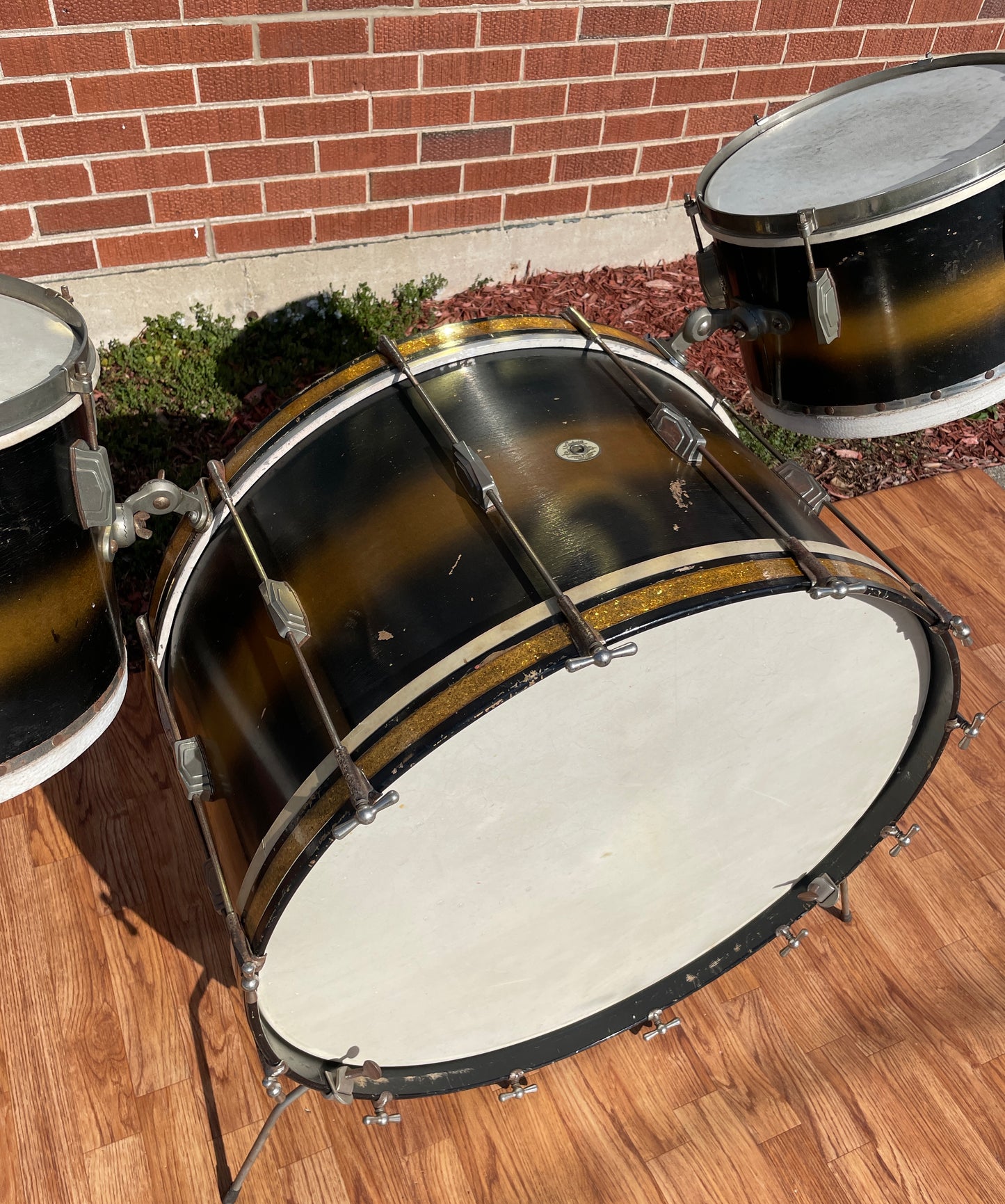 1940s Ludwig Drum Set Black / Gold Duco w/ White & Silver Enamel Badge