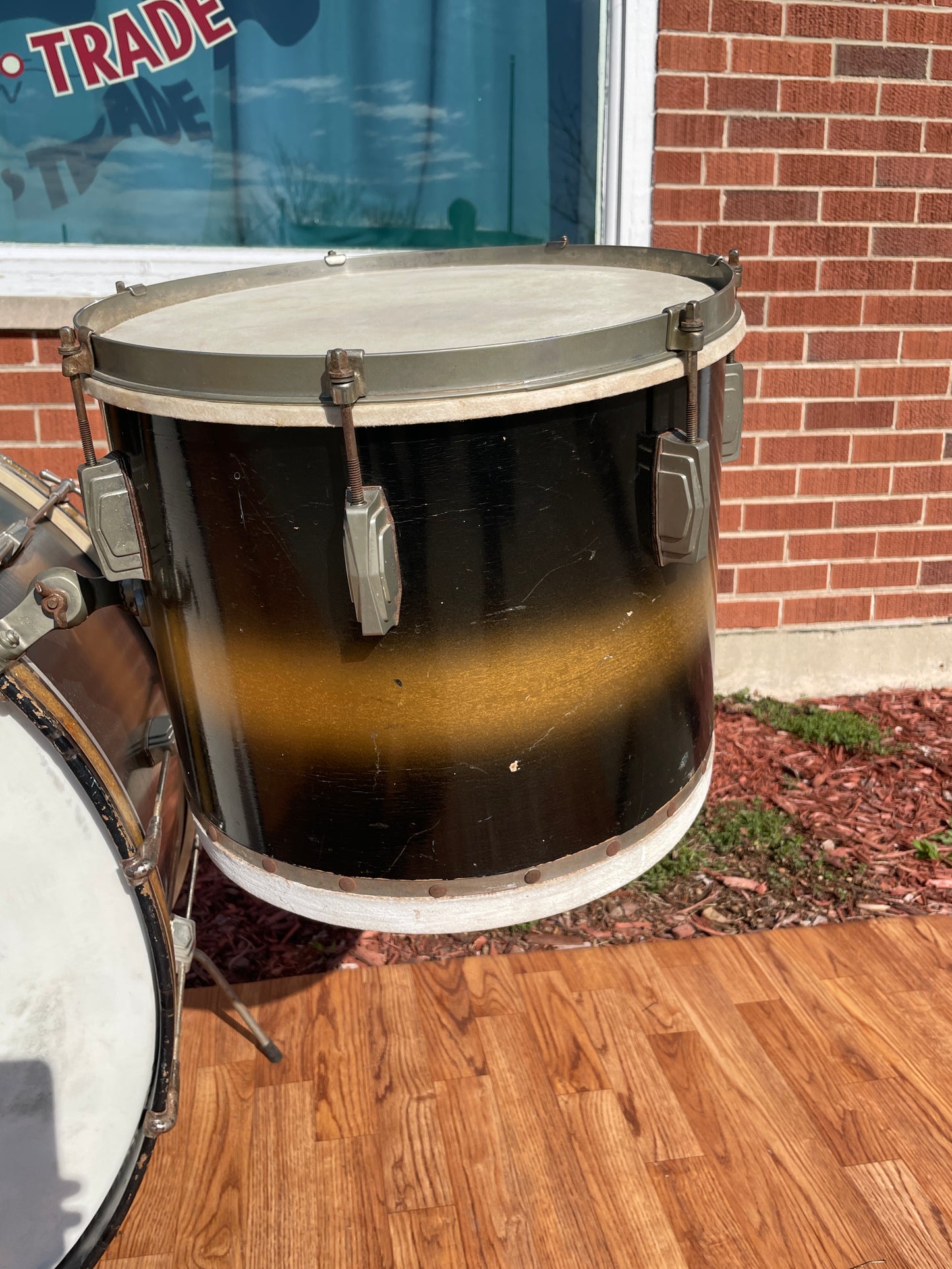 1940s Ludwig Drum Set Black / Gold Duco w/ White & Silver Enamel Badge