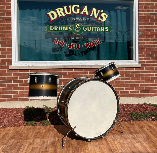 1940s Ludwig Drum Set Black / Gold Duco w/ White & Silver Enamel Badge