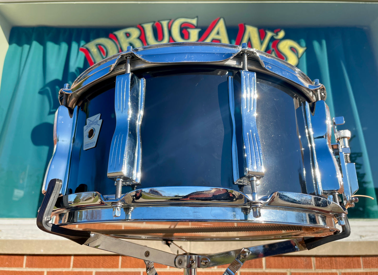 1980s Ludwig 6.5x14 Rock/Concert Snare Drum Black Cortex Monroe Badge