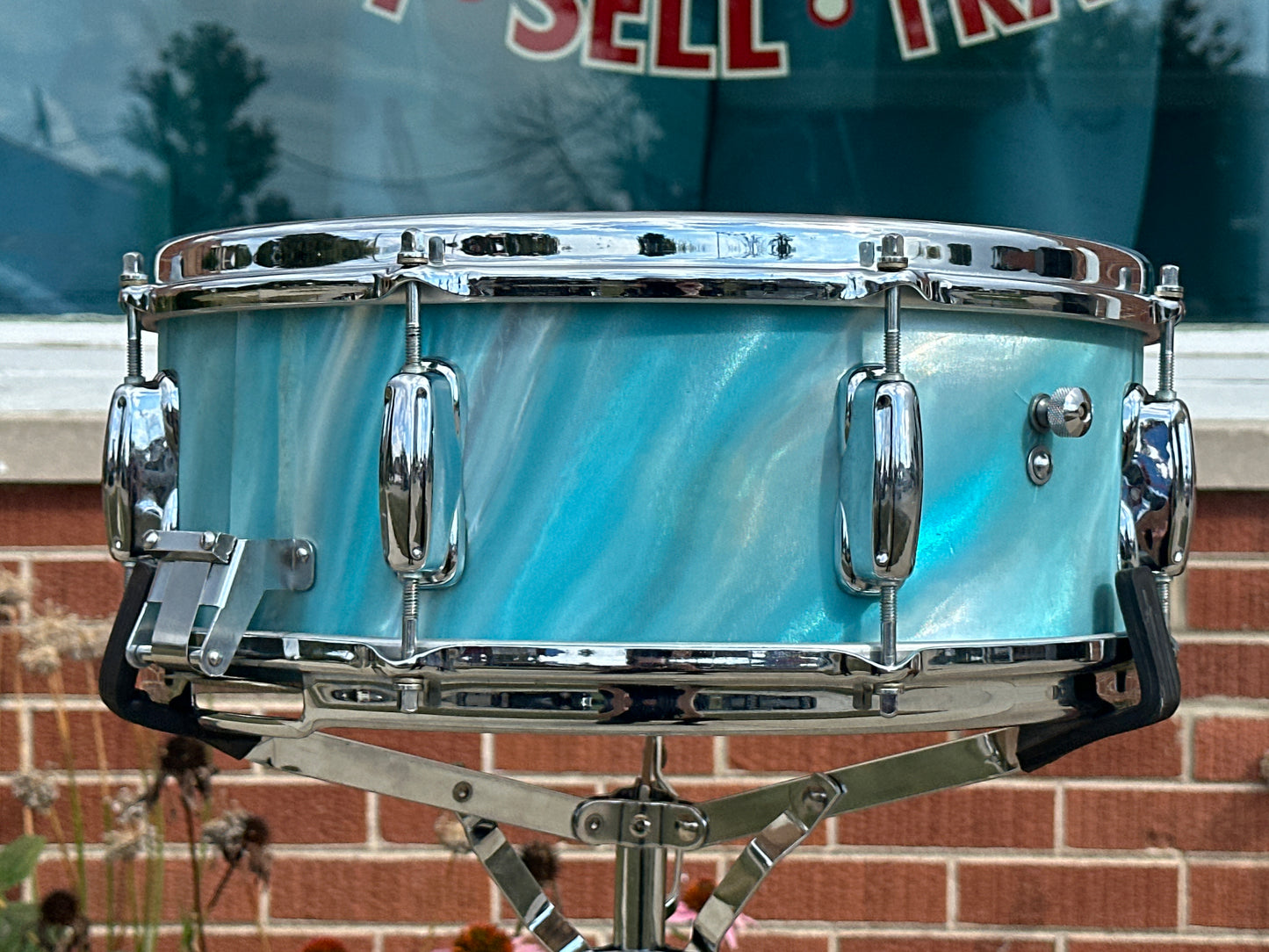 1960s Slingerland 5.5x14 Artist Model 3-Ply Snare Drum Aqua Green Satin Flame 8 Lug