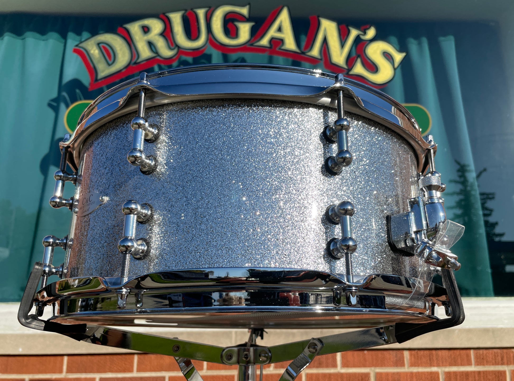 C&C Drum Company 6.5x14 Steel Snare Drum Silver Sparkle, Side View