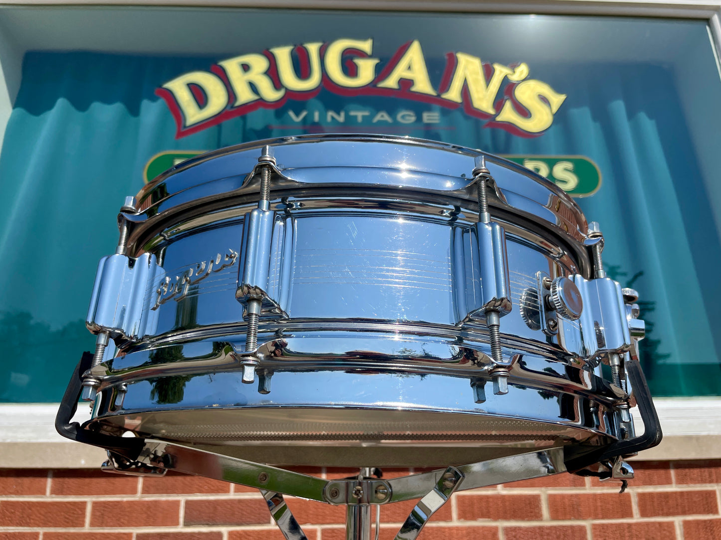 Early 1960s Rogers 5x14 Dynasonic 7-Line Snare Drum Chrome Over Brass Dyna-Sonic COB