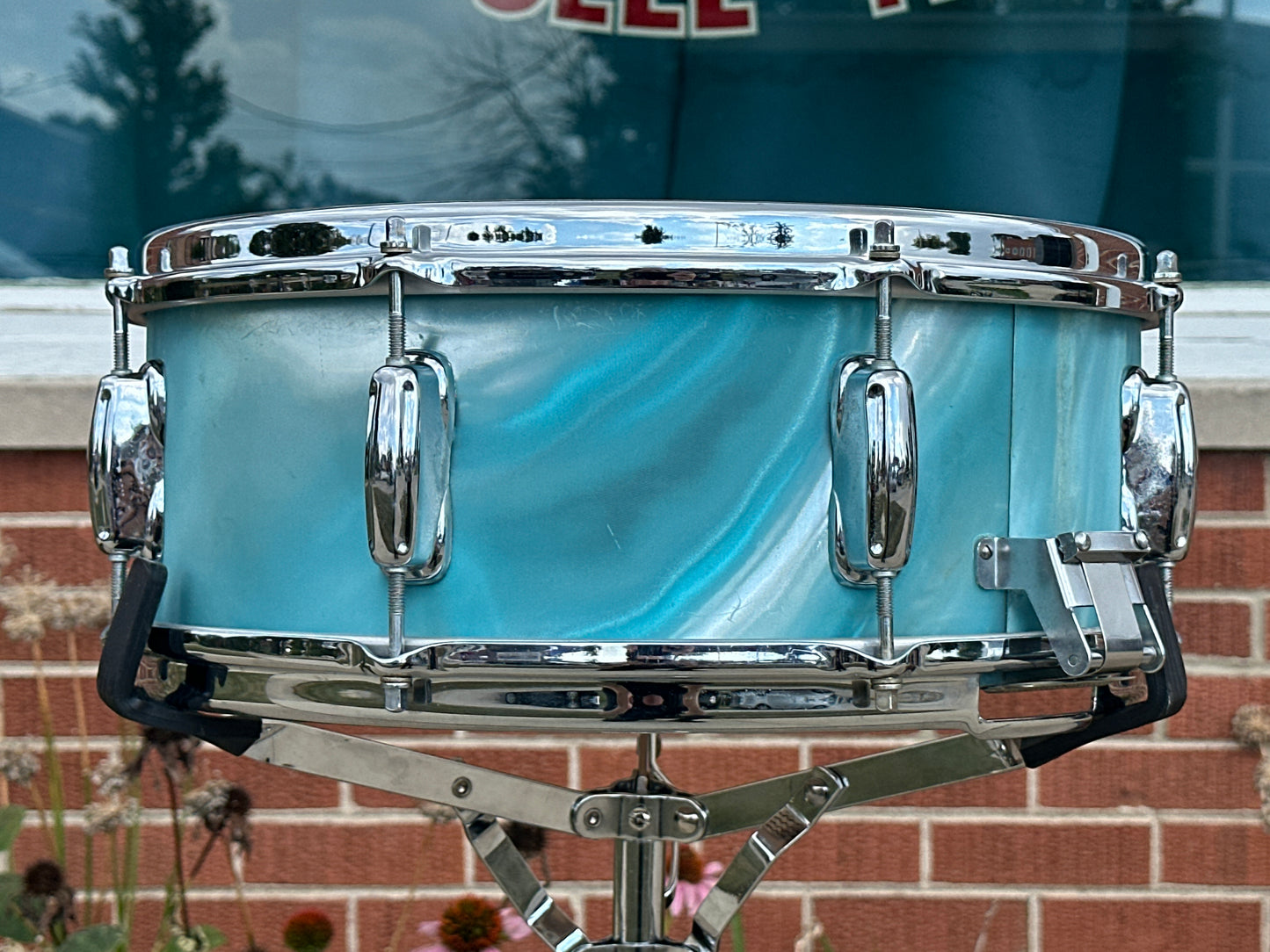 1960s Slingerland 5.5x14 Artist Model 3-Ply Snare Drum Aqua Green Satin Flame 8 Lug