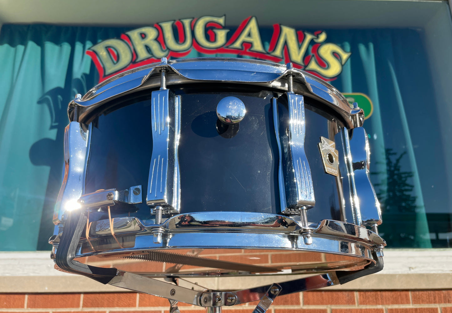 1980s Ludwig 6.5x14 Rock/Concert Snare Drum Black Cortex Monroe Badge