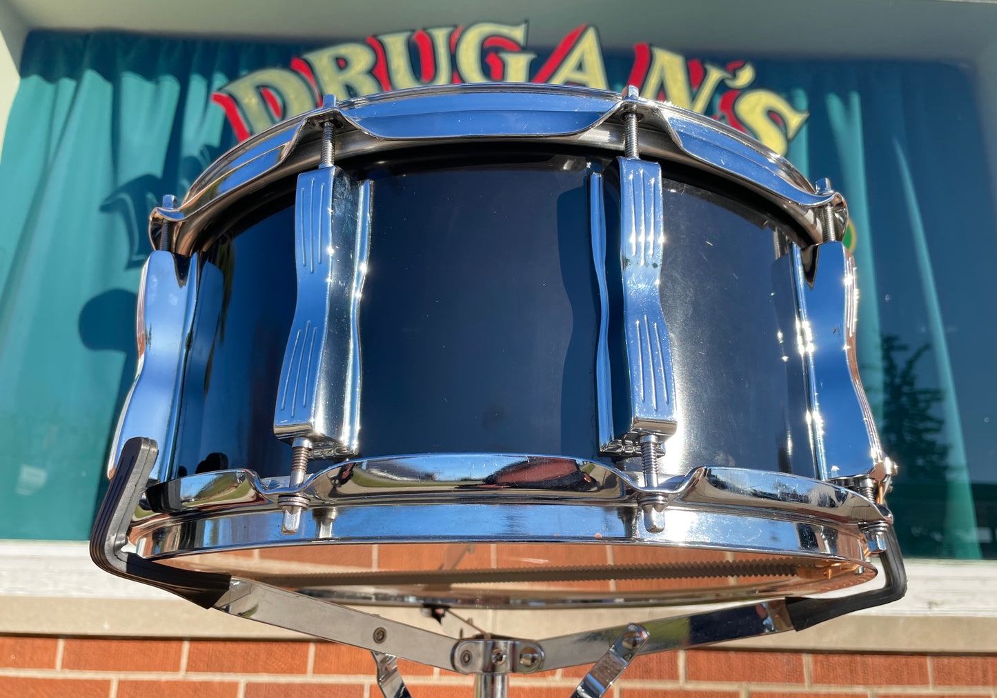 1980s Ludwig 6.5x14 Rock/Concert Snare Drum Black Cortex Monroe Badge