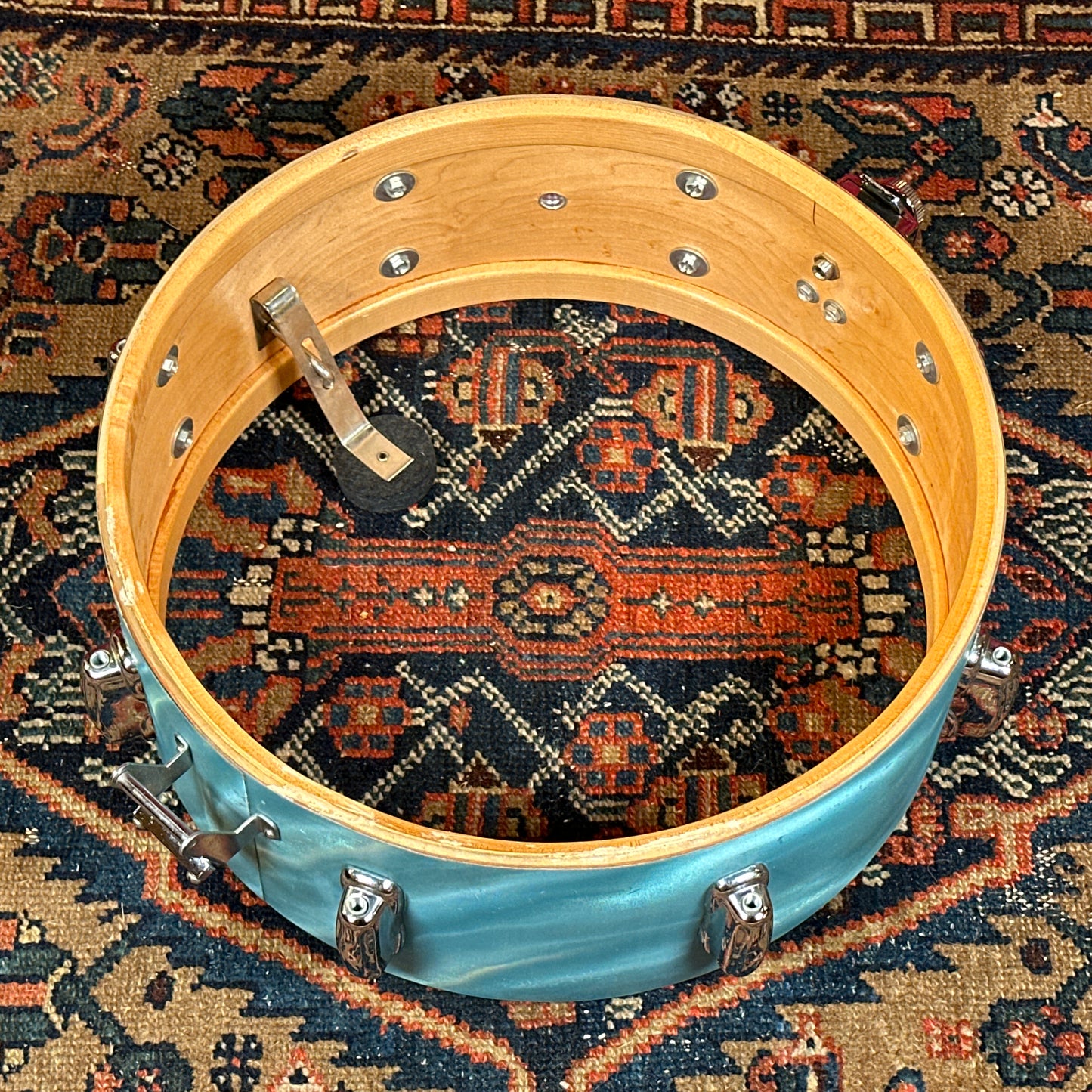 1960s Slingerland 5.5x14 Artist Model 3-Ply Snare Drum Aqua Green Satin Flame 8 Lug