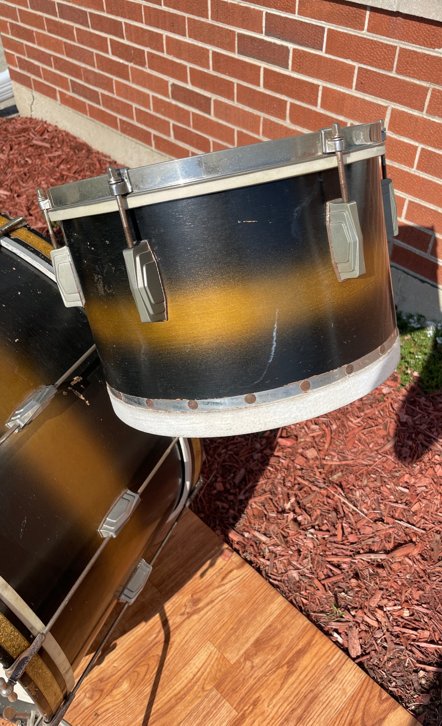 1940s Ludwig Drum Set Black / Gold Duco w/ White & Silver Enamel Badge