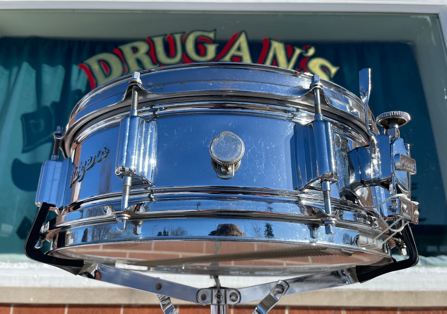 1960s Rogers 5x14 Powertone Chrome Over Brass Snare Drum COB
