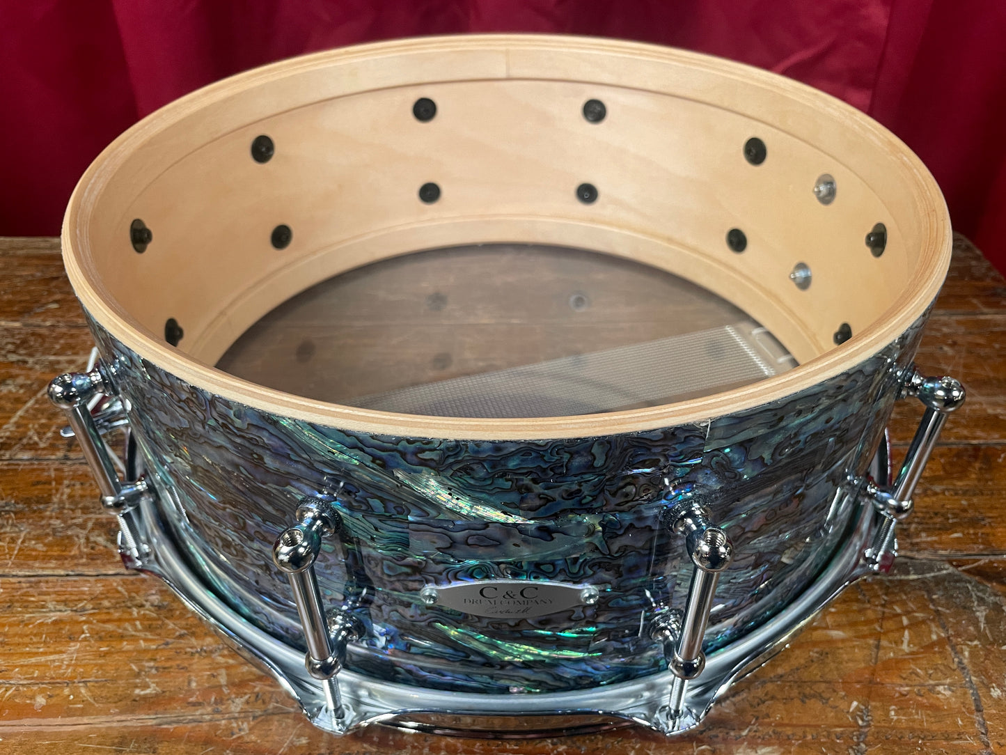 C&C Drum Company Custom 6+6 Maple 5.5x14 Snare Drum Black Paua Abalone *Video Demo*