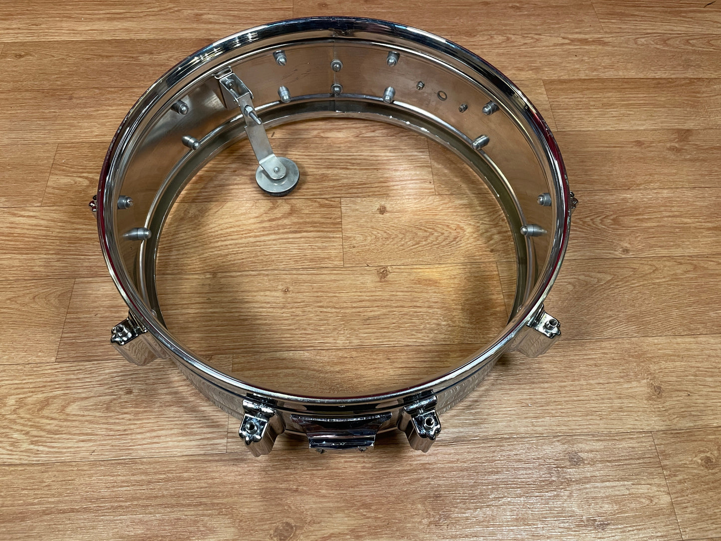 Early 1960s Rogers 5x14 Dynasonic 7-Line Snare Drum Chrome Over Brass Dyna-Sonic COB
