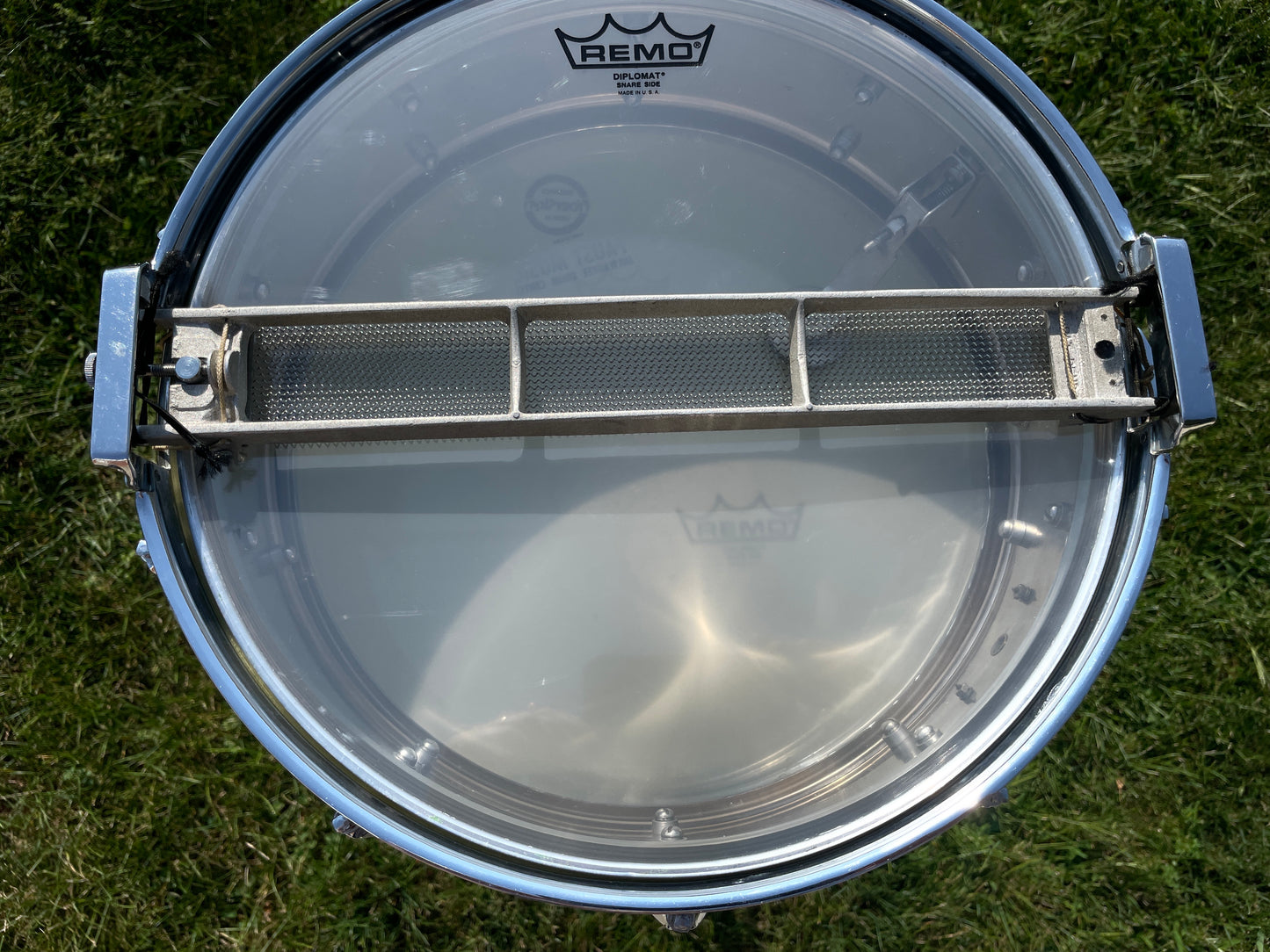 Early 1960s Rogers 5x14 Dynasonic 7-Line Snare Drum Chrome Over Brass Dyna-Sonic COB