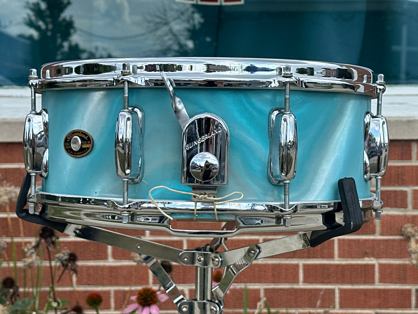 1960s Slingerland 5.5x14 Artist Model 3-Ply Snare Drum Aqua Green Satin Flame 8 Lug