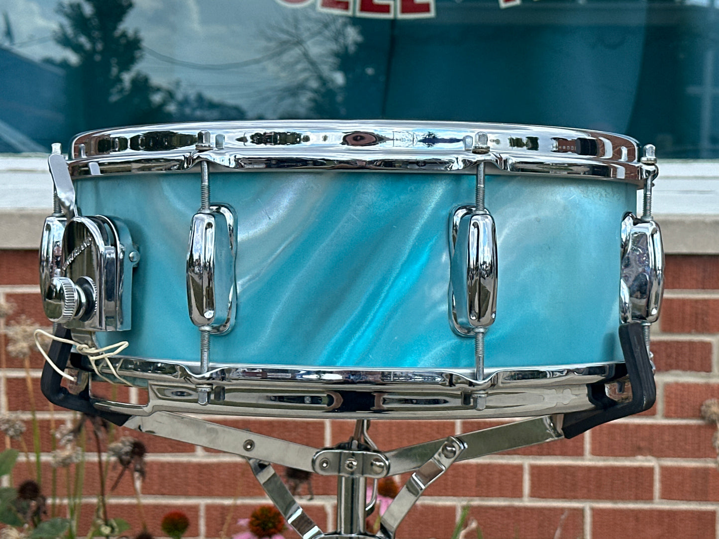 1960s Slingerland 5.5x14 Artist Model 3-Ply Snare Drum Aqua Green Satin Flame 8 Lug