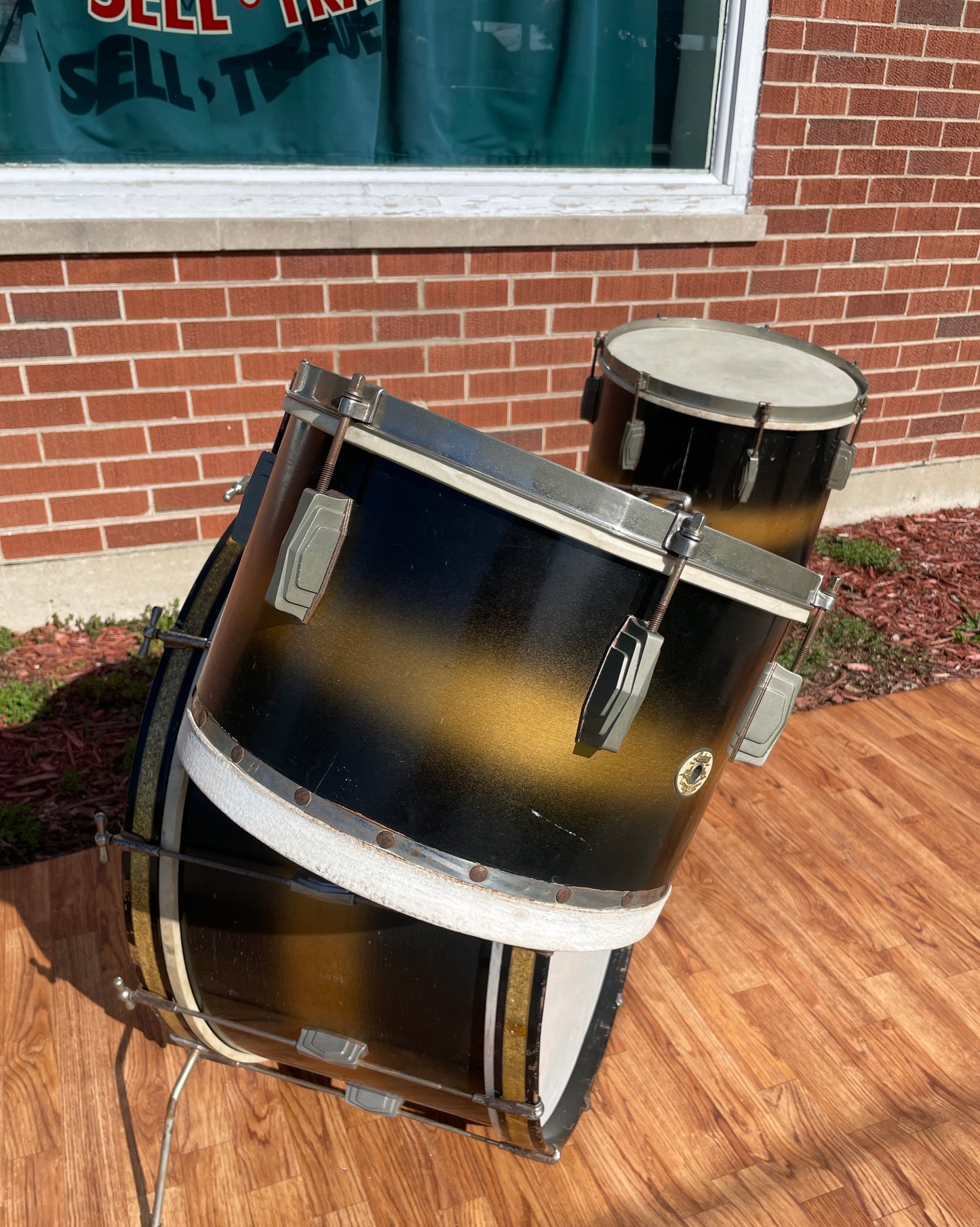 1940s Ludwig Drum Set Black / Gold Duco w/ White & Silver Enamel Badge