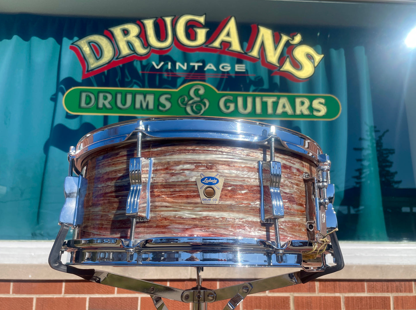 1960 Ludwig No. 908P Jazz Festival 5x14 Snare Drum Oyster Pink Pearl Trans Badge COB