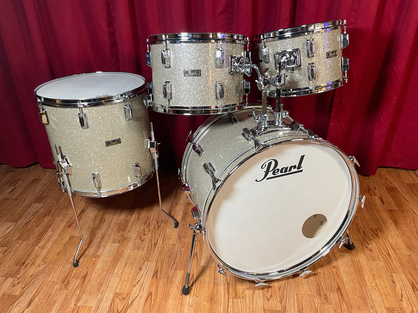 1970s Pearl Wood Fiberglass Drum Set 22/12/13/16 Silver Sparkle *Video Demo*