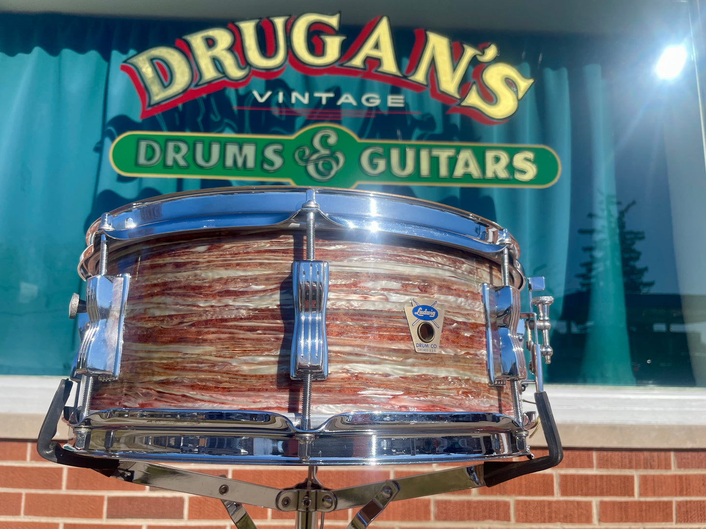 1960 Ludwig No. 908P Jazz Festival 5x14 Snare Drum Oyster Pink Pearl Trans Badge COB