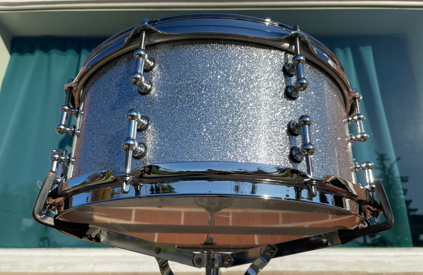 C&C Drum Company 6.5x14 Steel Snare Drum Silver Sparkle, Side View