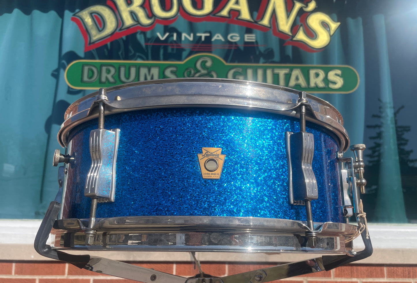 Early 1960s Ludwig Pre-Serial 5x14 No. 491 Pioneer Snare Drum Blue Sparkle Brass Hoops