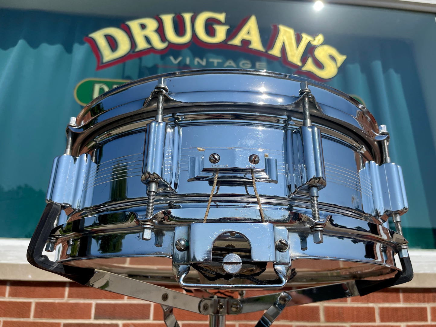 Early 1960s Rogers 5x14 Dynasonic 7-Line Snare Drum Chrome Over Brass Dyna-Sonic COB