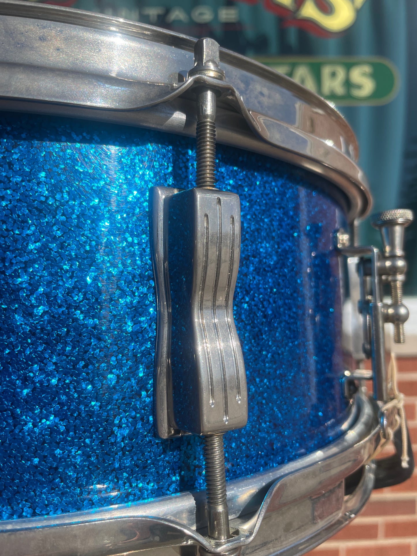 Early 1960s Ludwig Pre-Serial 5x14 No. 491 Pioneer Snare Drum Blue Sparkle Brass Hoops