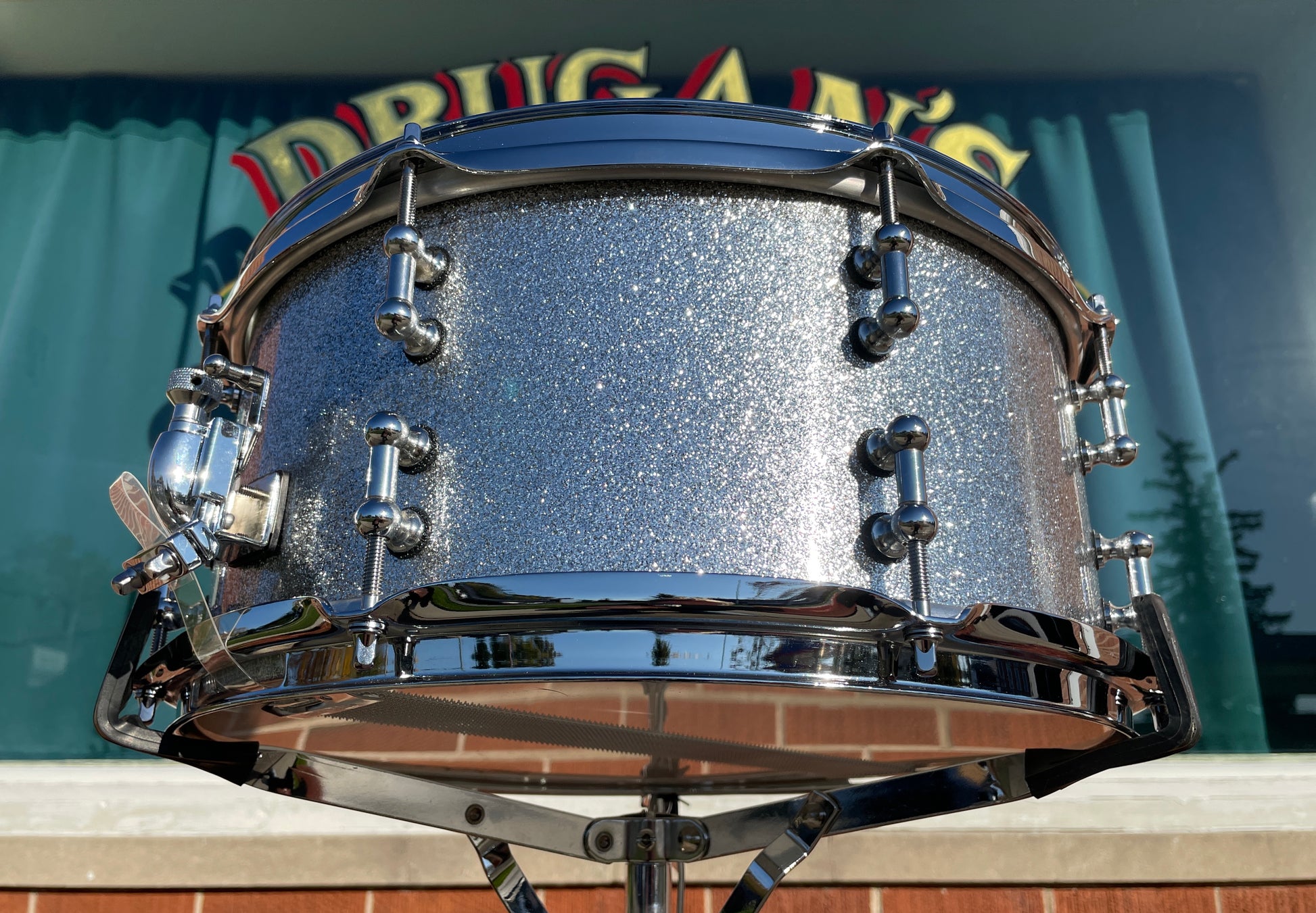 C&C Drum Company 6.5x14 Steel Snare Drum Silver Sparkle, Side View