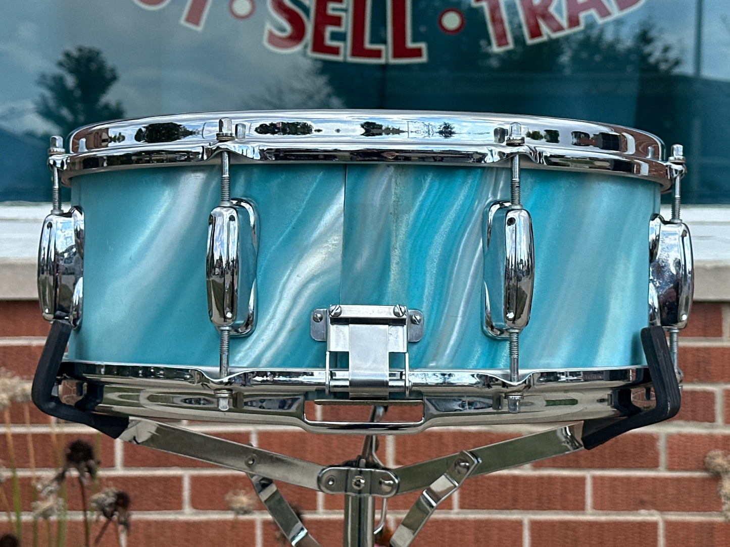 1960s Slingerland 5.5x14 Artist Model 3-Ply Snare Drum Aqua Green Satin Flame 8 Lug