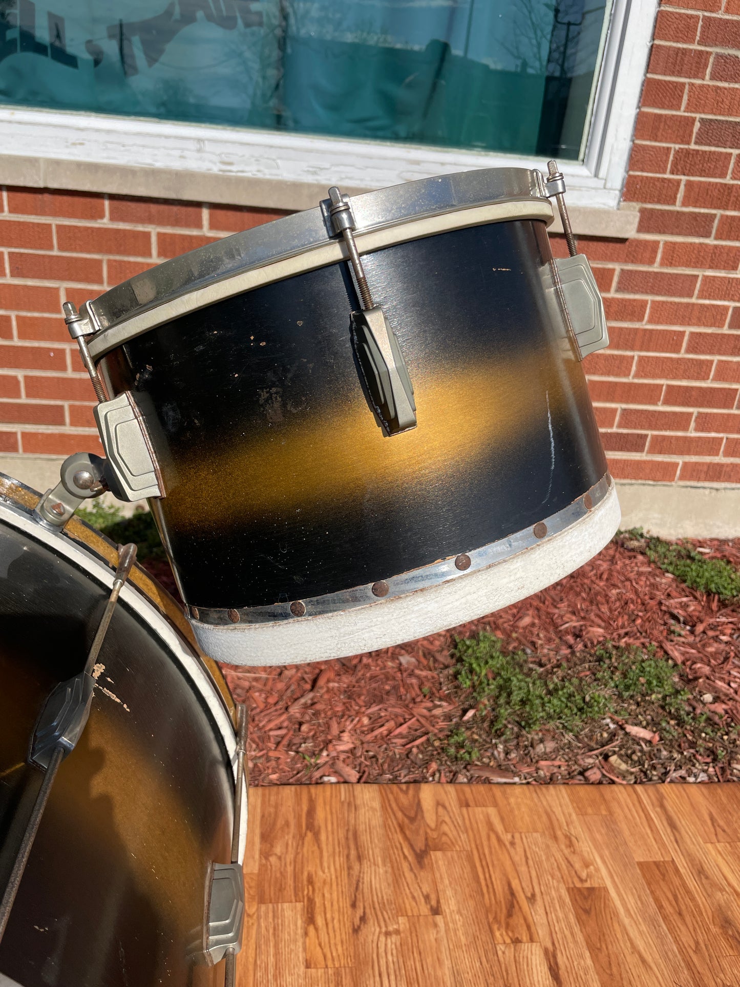 1940s Ludwig Drum Set Black / Gold Duco w/ White & Silver Enamel Badge