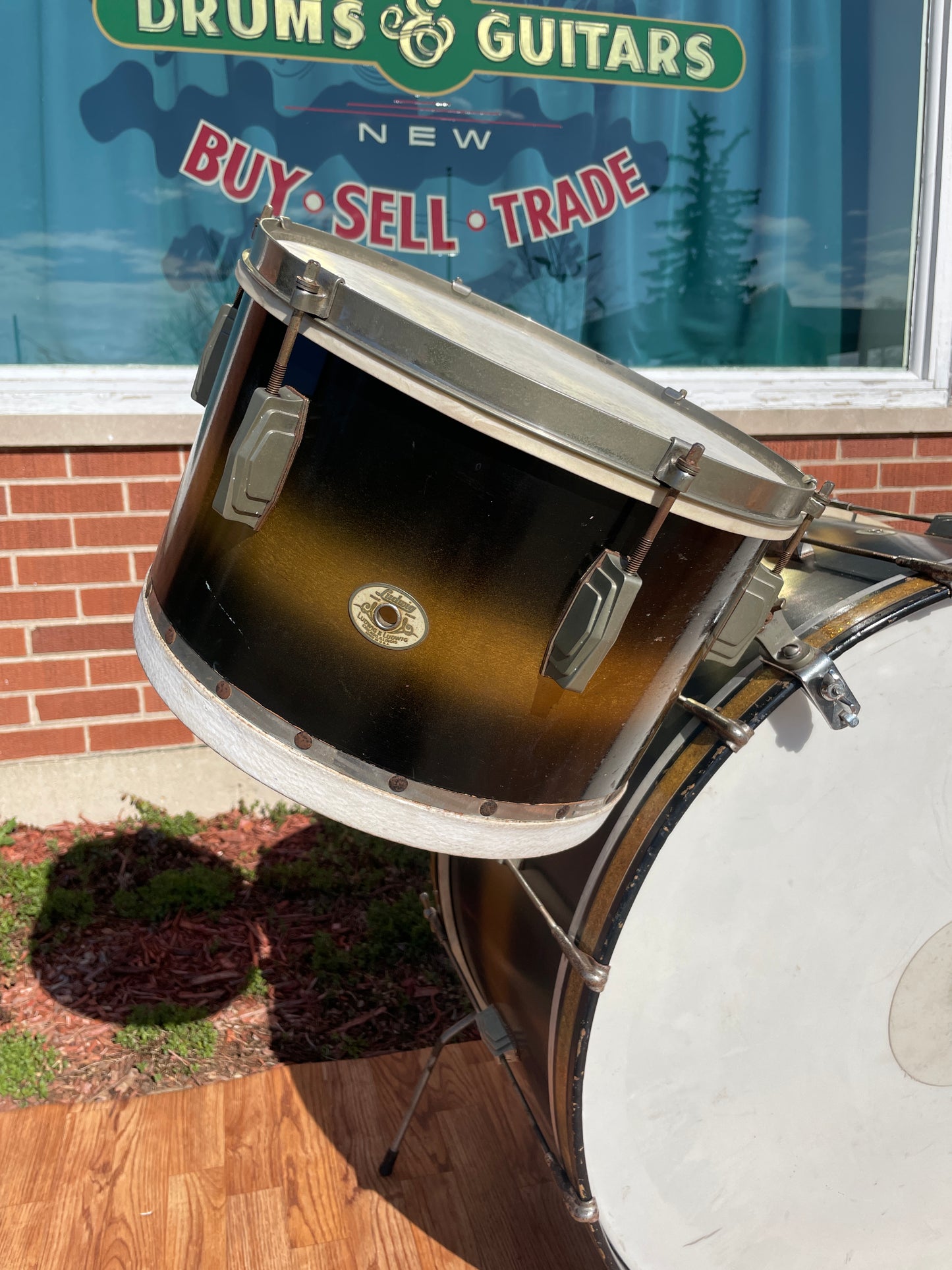 1940s Ludwig Drum Set Black / Gold Duco w/ White & Silver Enamel Badge