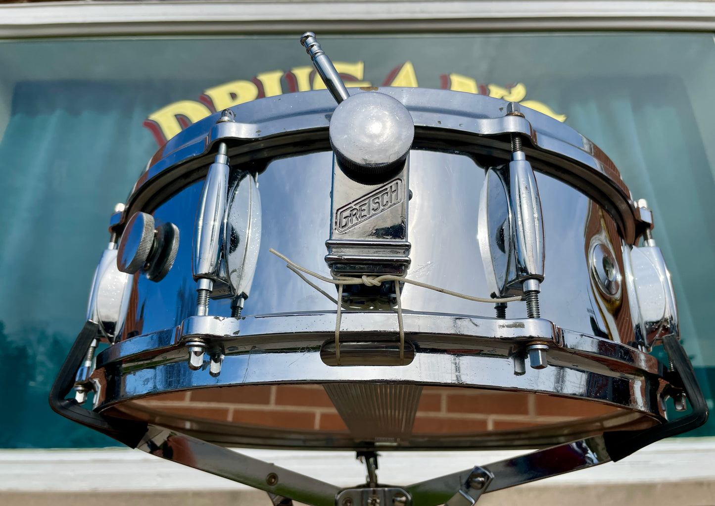 1960s Gretsch 5x14 Model 4160 Chrome Over Brass Snare Drum Round Badge