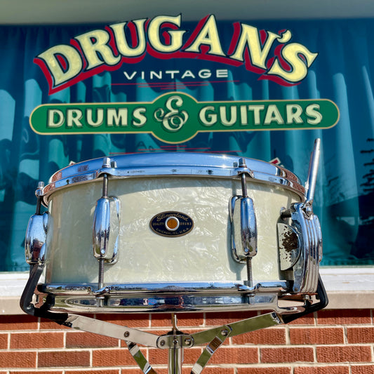 1956-1959 Slingerland 5.5x14 No. 153 Super Gene Krupa Solid Shell Radio King Snare Drum White Marine Pearl