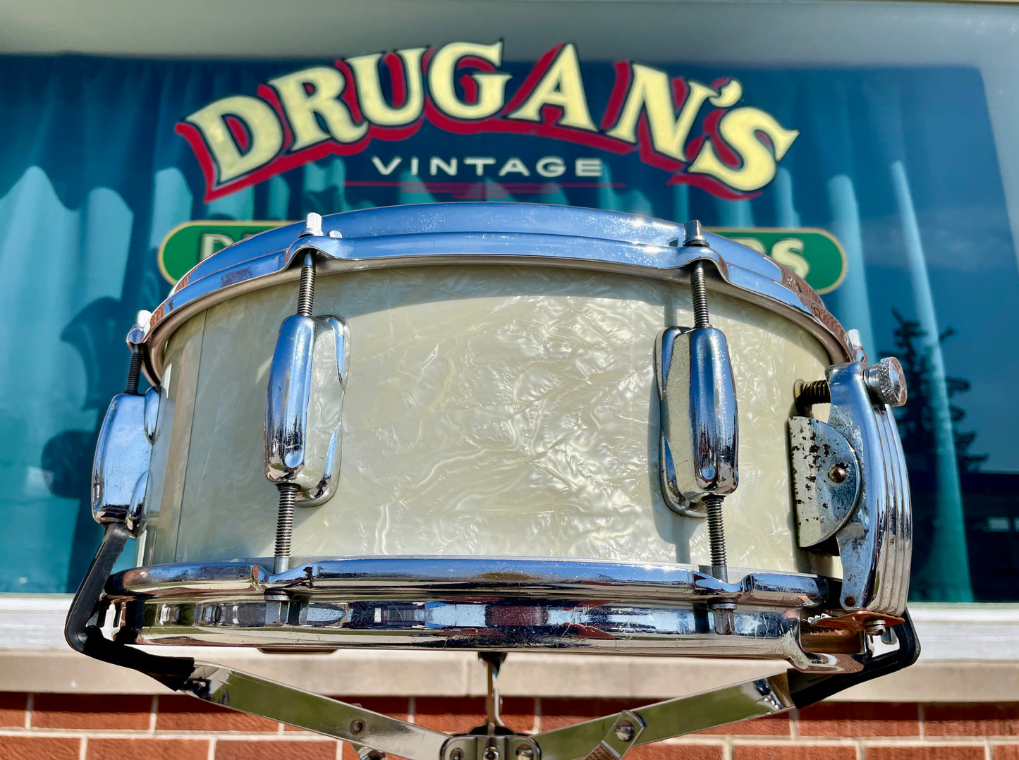 1956-1959 Slingerland 5.5x14 No. 153 Super Gene Krupa Solid Shell Radio King Snare Drum White Marine Pearl