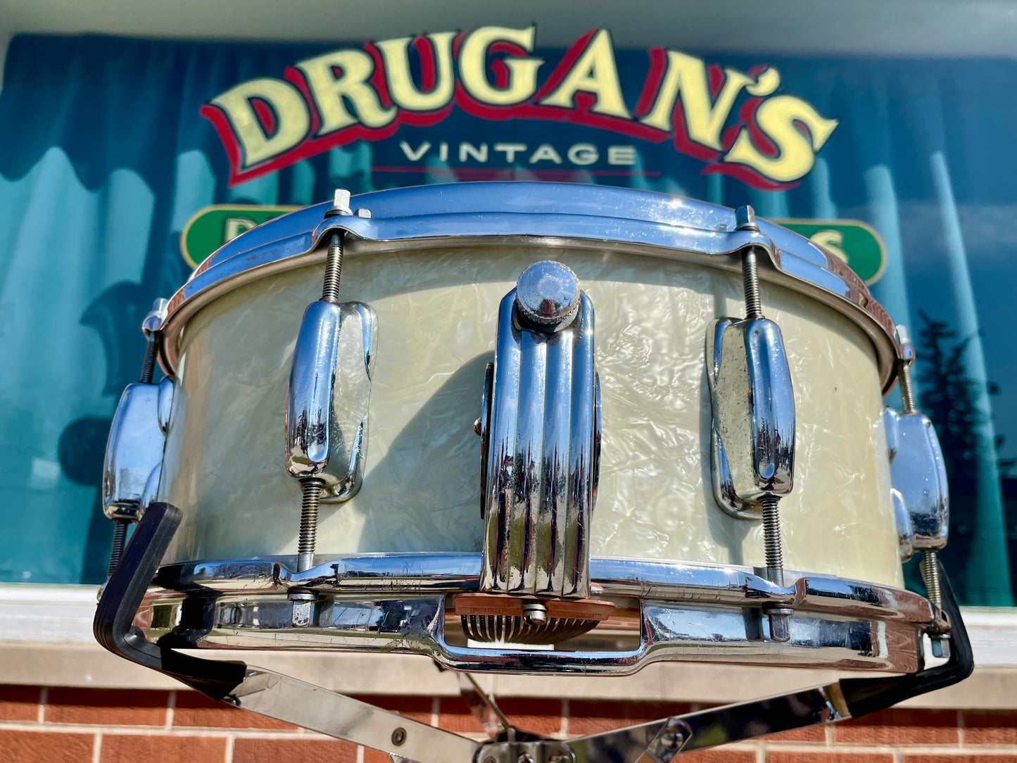 1956-1959 Slingerland 5.5x14 No. 153 Super Gene Krupa Solid Shell Radio King Snare Drum White Marine Pearl