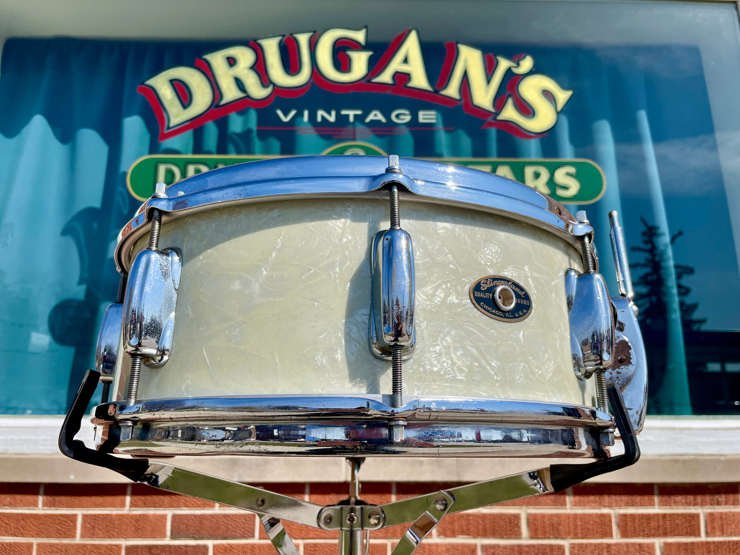 1956-1959 Slingerland 5.5x14 No. 153 Super Gene Krupa Solid Shell Radio King Snare Drum White Marine Pearl