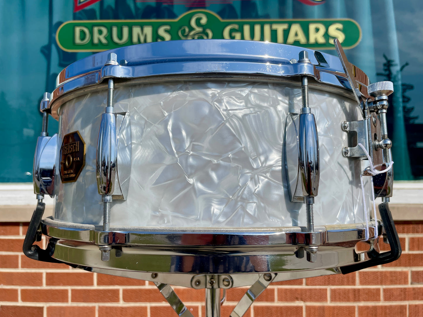 1970s Gretsch 4103 Renown 5.5x14 Snare Drum Stop Sign Badge White Marine Pearl