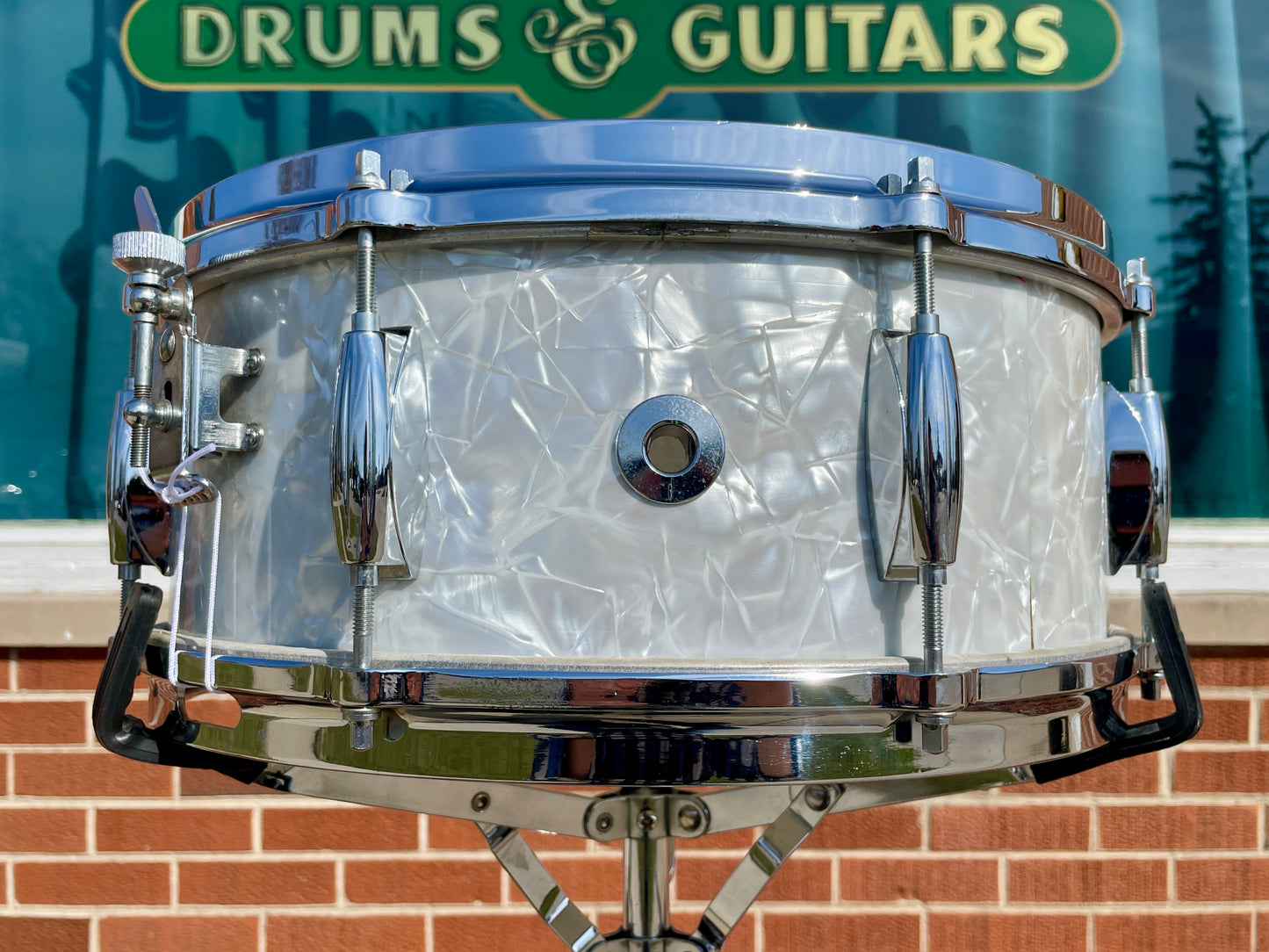 1970s Gretsch 4103 Renown 5.5x14 Snare Drum Stop Sign Badge White Marine Pearl