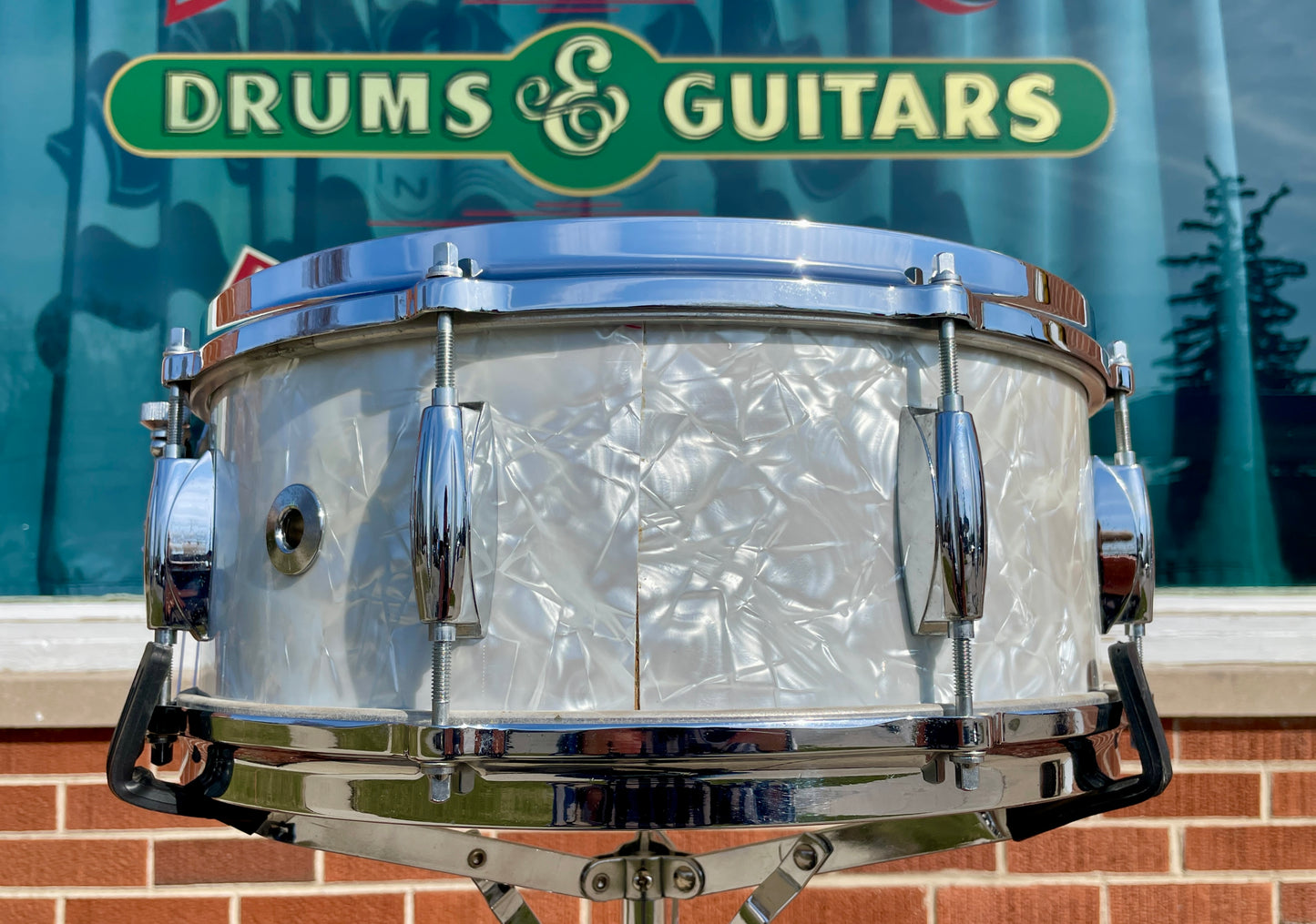 1970s Gretsch 4103 Renown 5.5x14 Snare Drum Stop Sign Badge White Marine Pearl