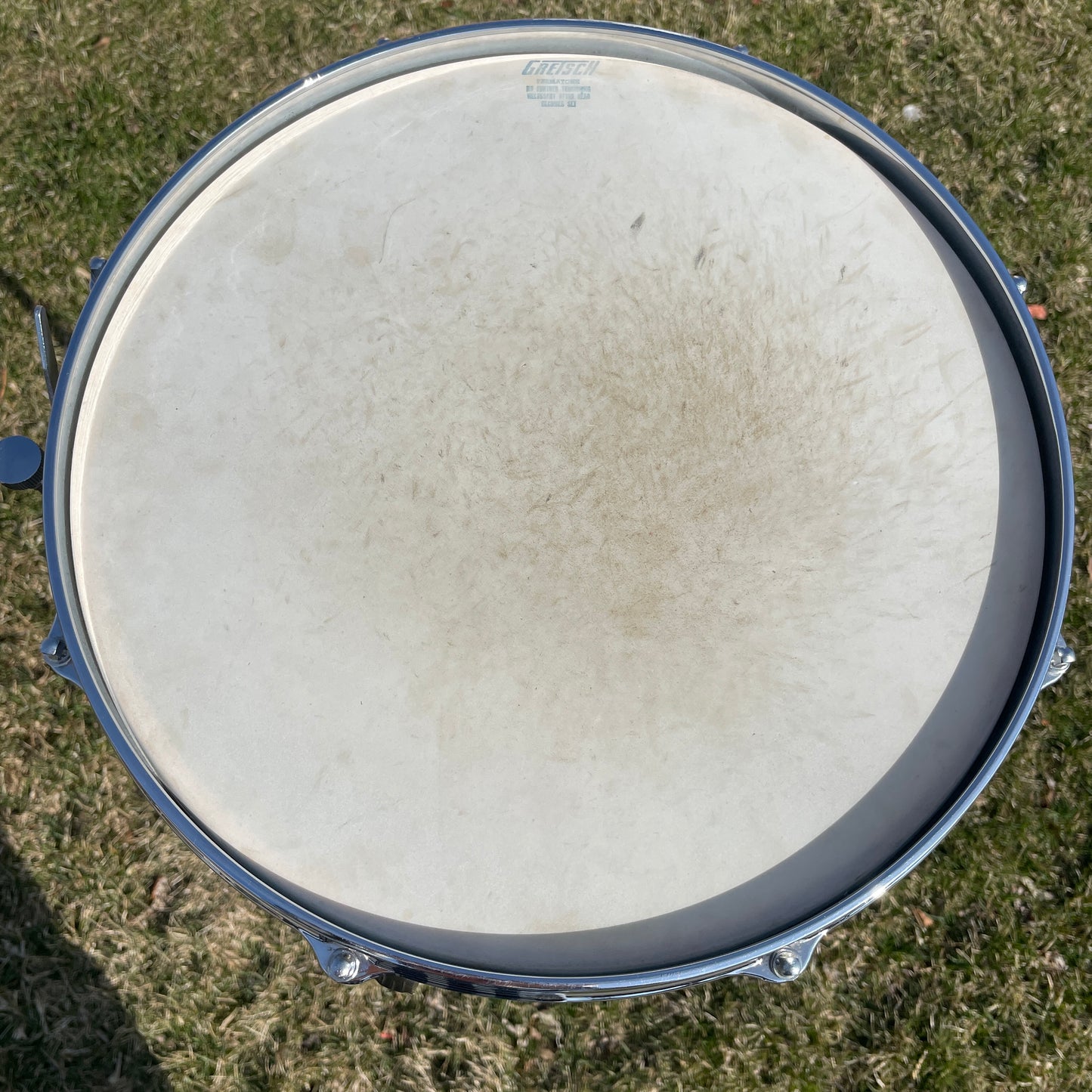 1970s Gretsch 4103 Renown 5.5x14 Snare Drum Stop Sign Badge White Marine Pearl