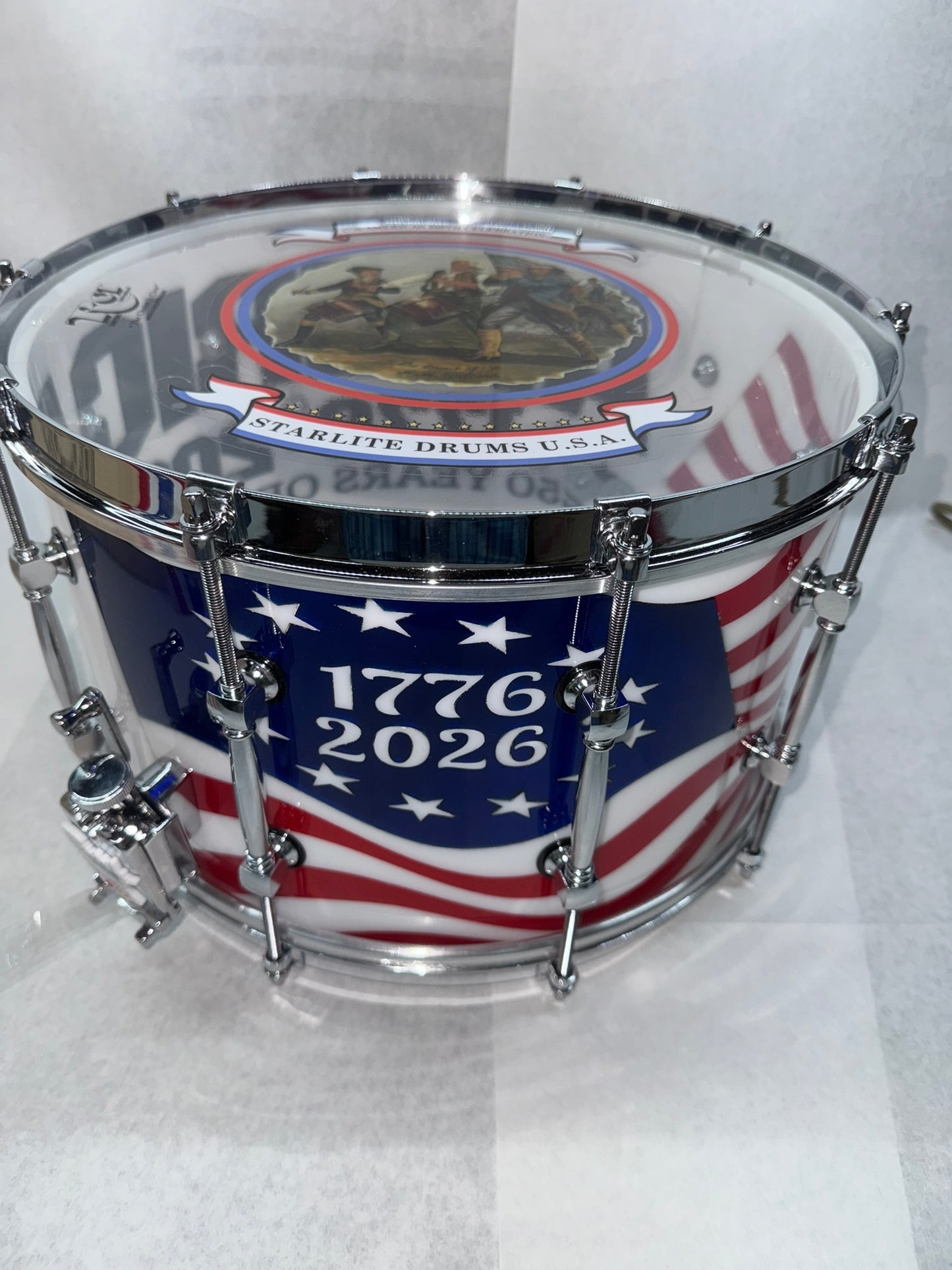 RCI Starlite 250th Anniversary snare drum - angled shell and head
