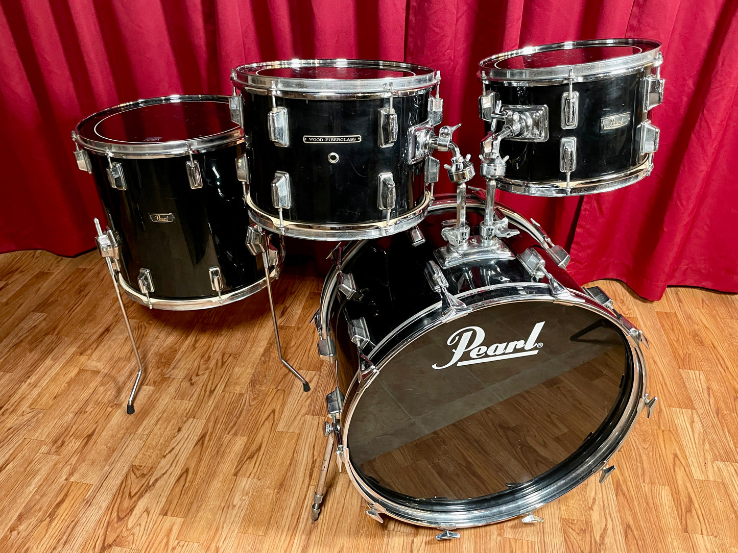 1970s Pearl Wood Fiberglass Drum Set 22/12/13/16 Jet Black *Video Demo*