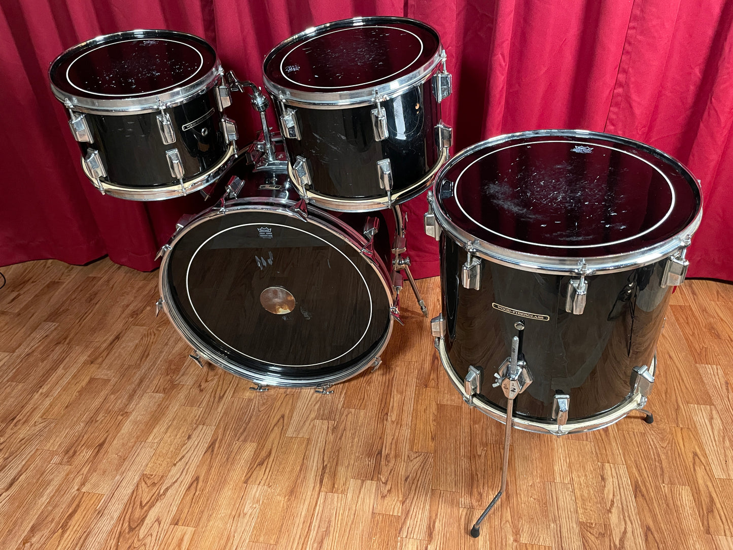 1970s Pearl Wood Fiberglass Drum Set 22/12/13/16 Jet Black *Video Demo*